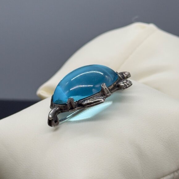 Vintage Jelly Belly Turtle Brooch With Blue Lucite Shell Silver Tone Metal - Picture 7 of 13